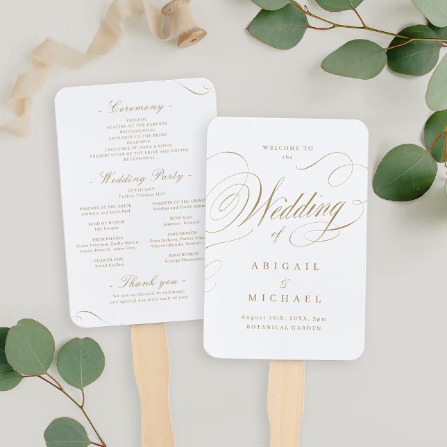 Abanico Programas de boda clásicos y elegantes de oro (Gold elegant classic calligraphy wedding programs hand fan)