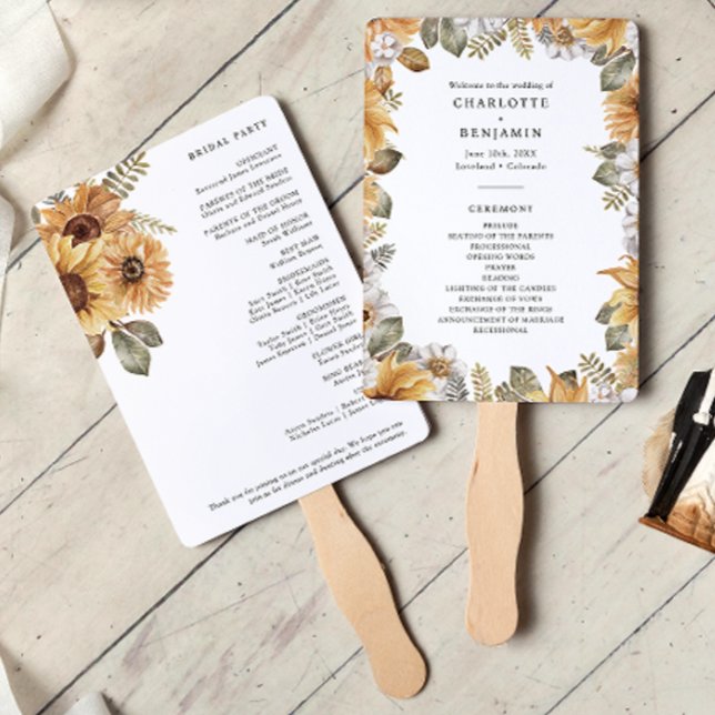 Abanico Programas de Boda de Girasoles Rústicos (Rustic Sunflower Wedding Programs Hand Fan by Painted Paperie
)