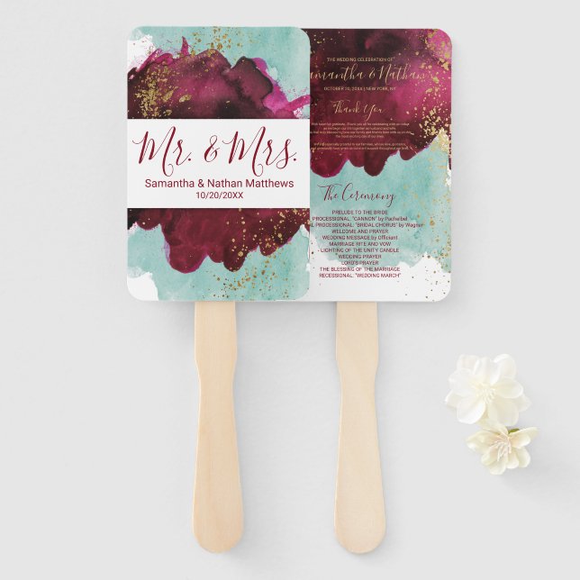 Abanico Programas de Boda de Oro Marsala Red Verde azulado (Anverso y reverso)