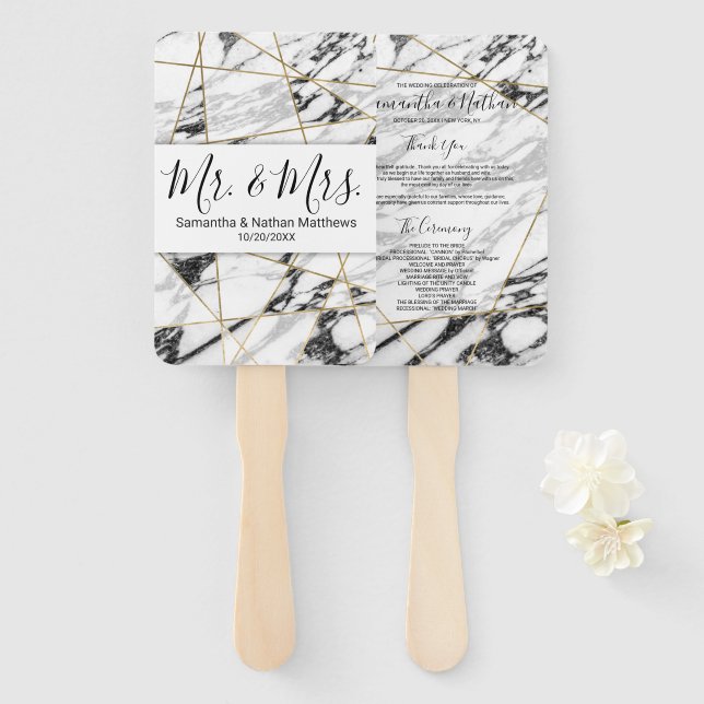 Abanico Programas de Boda Geométrica de Oro de Mármol Mode (Anverso y reverso)