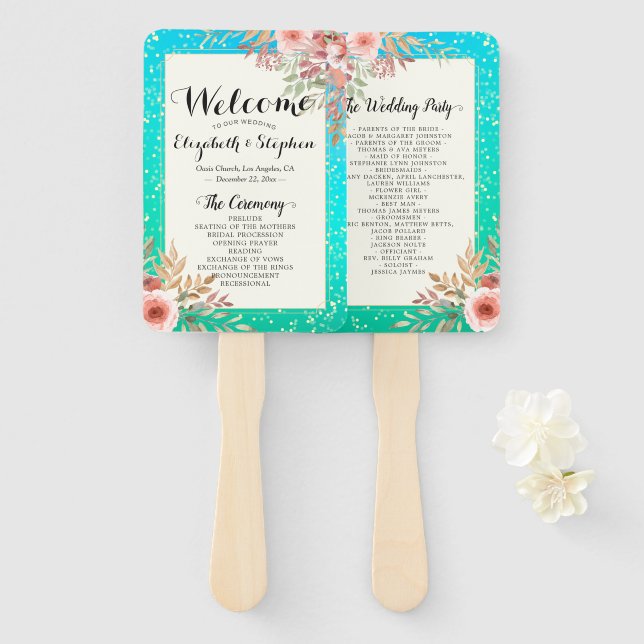 Abanico Programas de boda Modernos puntos de oro Verde azu (Anverso y reverso)