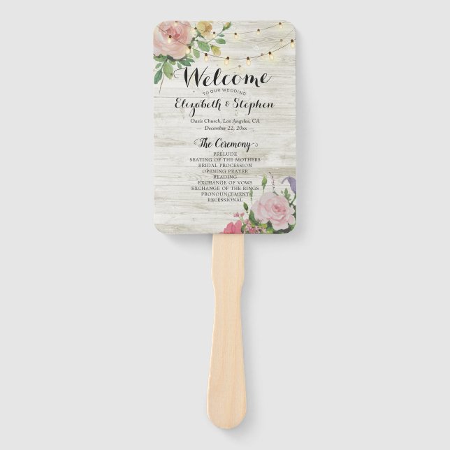 Abanico Programas de Boda Rustic Wood Flowers String Light (Anverso)