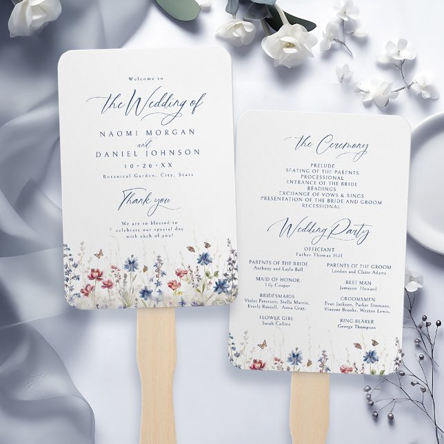 Abanico Programas de Boda Rústicos con Flor Silvestre Azul (Navy Blue Wildflower Rustic Wedding Programs Hand Fan)