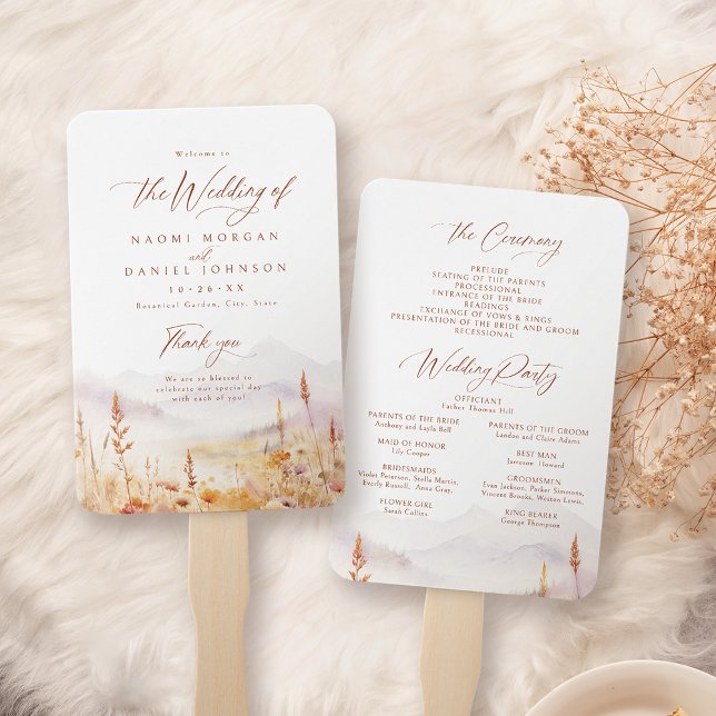 Abanico Programas de Boda Rústicos de Montaña con Flores S (Fall Wildflower Mountain Rustic Wedding Programs Hand Fan)