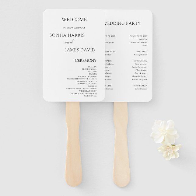 Abanico Programas Elegantes de Boda Blanco Minimalista (Anverso y reverso)