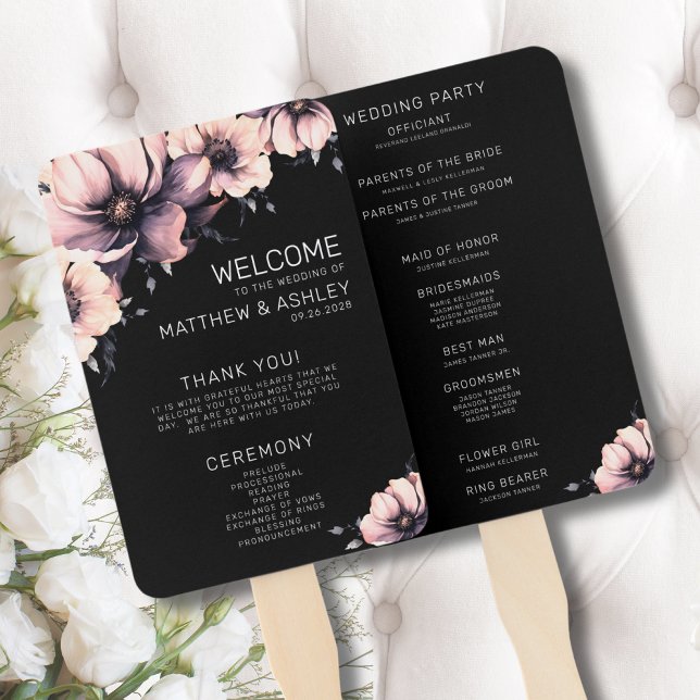 Abanico Programas exclusivos modernos de casamiento con fl (Unique Modern Boho Floral Black Pink Wedding Hand Fan)
