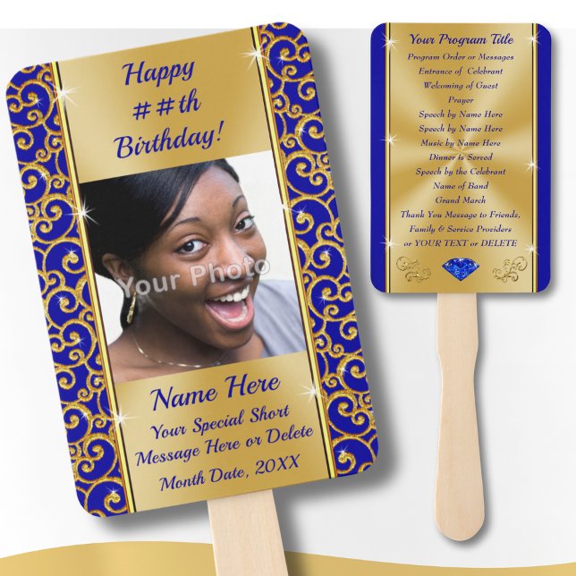 Abanico Programas personalizados de fiesta de cumpleaños p (Personalized, Birthday Party Programs for Adults. Royal blue and gold, birthday party hand fans. )