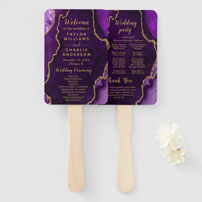 Abanico Purple and Gold Agate Wedding Program (Anverso y reverso)