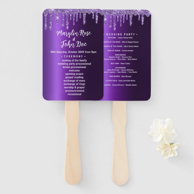ABANICO PURPLE PURPURINA DRIP ELEGANT WEDDING (Anverso y reverso)