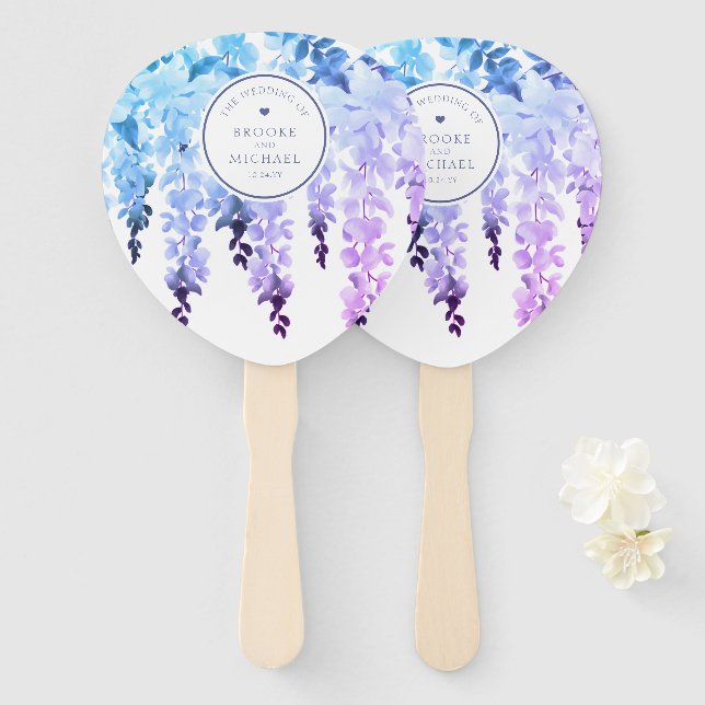 Abanico Púrpura acuarela Wisteria Boda Floral (Anverso y reverso)