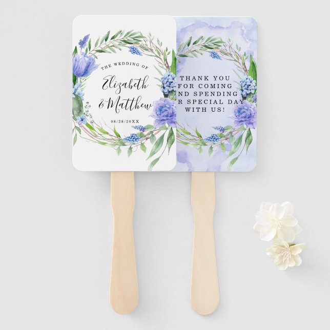 Abanico Púrpura Dusty Blue Tulip Hyacinth Peony Boda (Anverso y reverso)