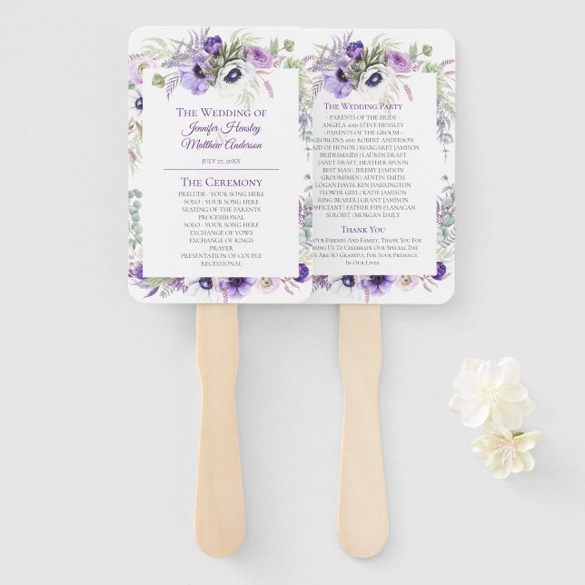 Abanico Púrpura, Lavanda, Boda floral de color blanco (Anverso y reverso)