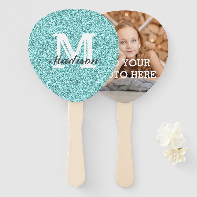Abanico Purpurina Aqua Monograma Hand Fan (Anverso y reverso)