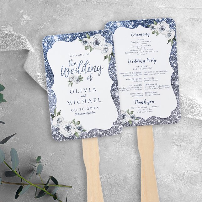 Abanico Purpurina azul espumoso y programa de boda floral (Sparkle blue glitter and floral wedding program hand fan)