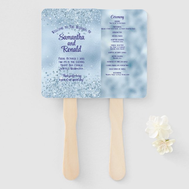 Abanico Purpurina de Baby Blue Faux y Programa de Bodas de (Anverso y reverso)