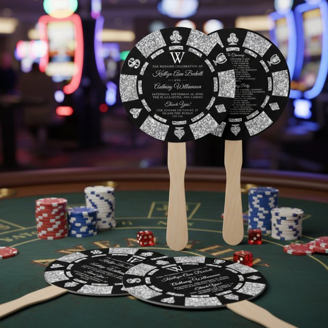 Abanico Purpurina Plata Monograma Poker Chip Casino Boda (Subido por el creador)