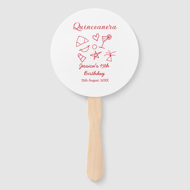 Abanico Quinceanera 15th birthday red beach party tree sun (Anverso)