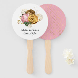 Abanico Quinceañera floral vintage rosa y dorada
