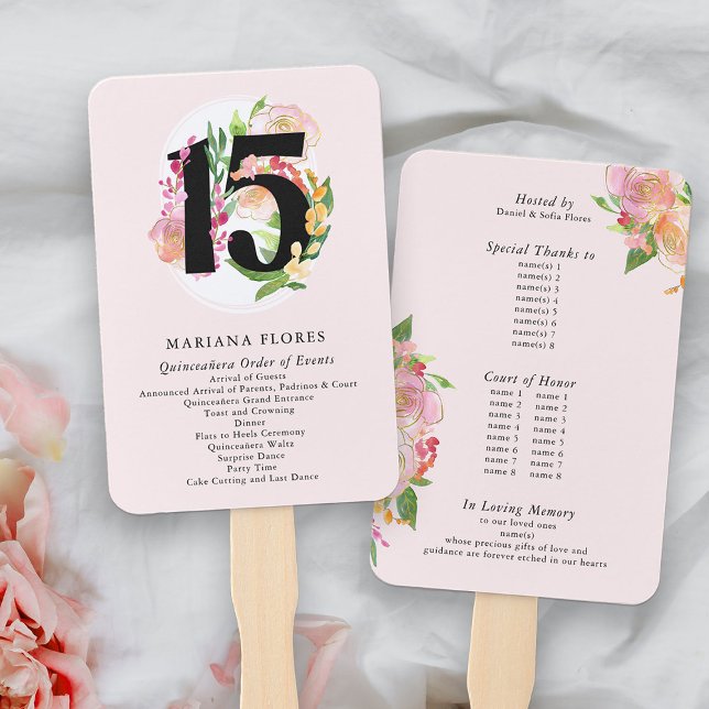 Abanico Quinceanera Orden de Eventos Número de Floral 15 (15th Birthday Order of Events Program Hand Fans from my Floral Chic Quinceanera Collection
)