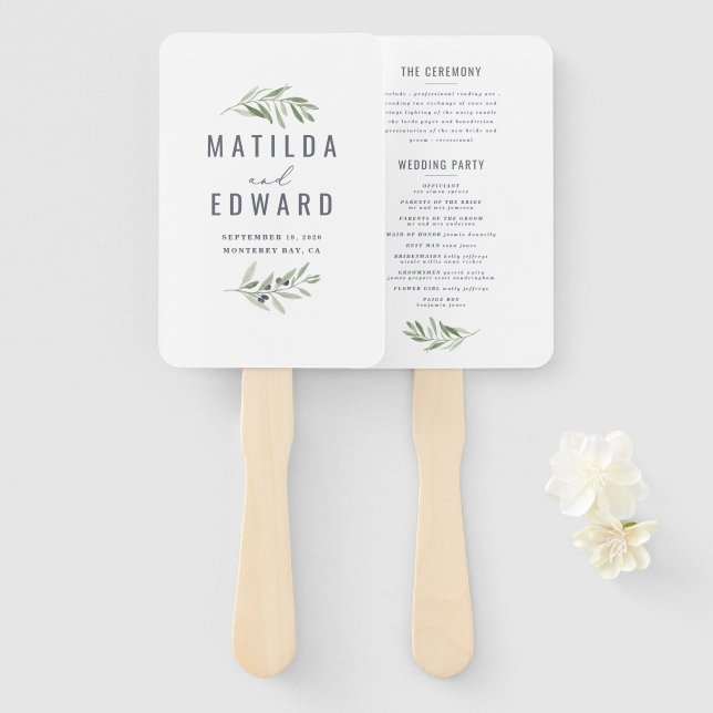 Abanico Rama de oliva acuarela pintada ventilador de mano  (Anverso y reverso)