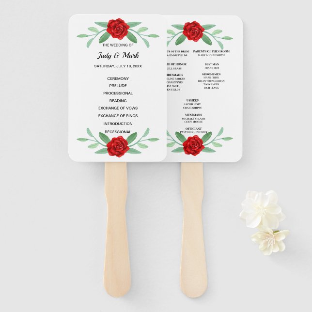 Abanico Red Floral Greenery Foliage Wedding Program Fans (Anverso y reverso)