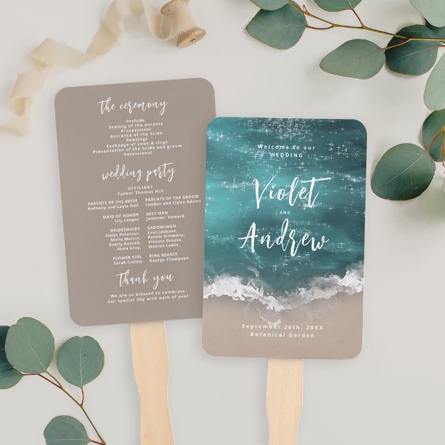 Abanico Resumen del programa de bodas en la playa de moody (Abstract moody ocean beach wedding program hand fan)