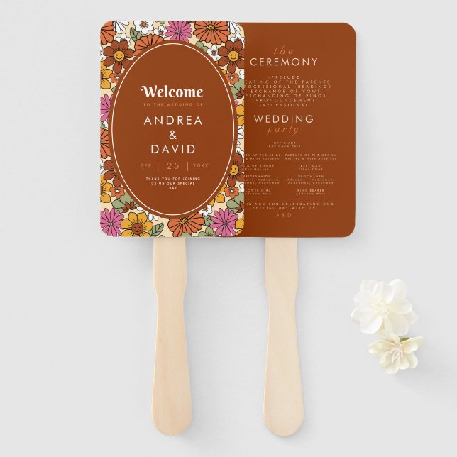 Abanico Retro Groovy Hippie Daisy Floral Terracota 70 (Anverso y reverso)