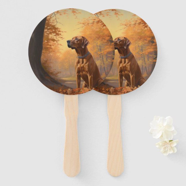 Abanico Rhodesian Ridgeback  en Otoño Las Hojas Caídas Ins (Anverso y reverso)