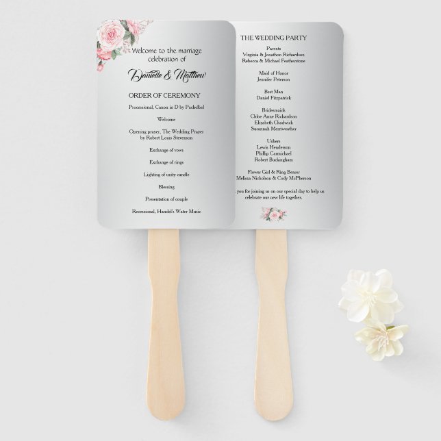 Abanico Romance rosa y Boda plateado (Anverso y reverso)