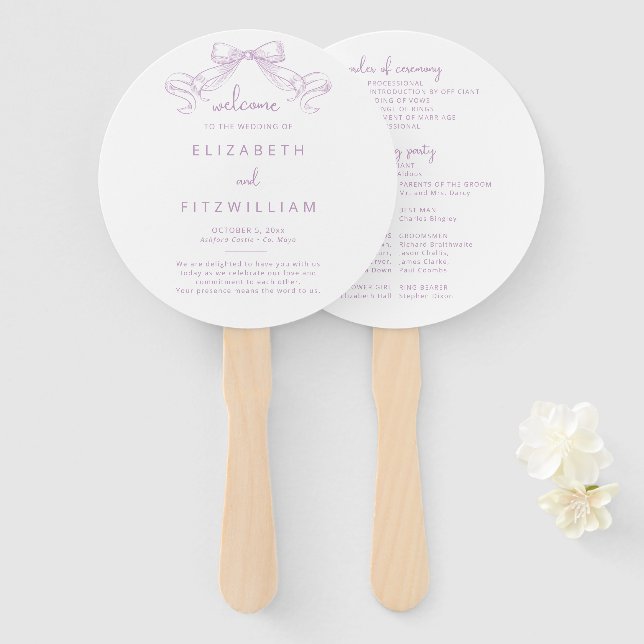 Abanico Romántico Bow | Programa de Boda Lilac (Anverso y reverso)