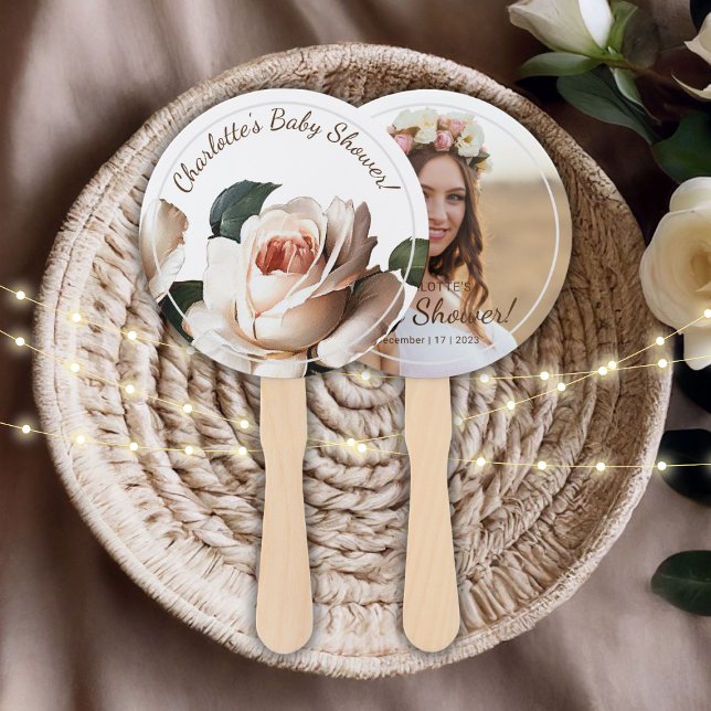 Abanico Rosa Beige suave Chica Baby Shower (Gentle Beige Rose Girl Baby Shower Hand Fan)