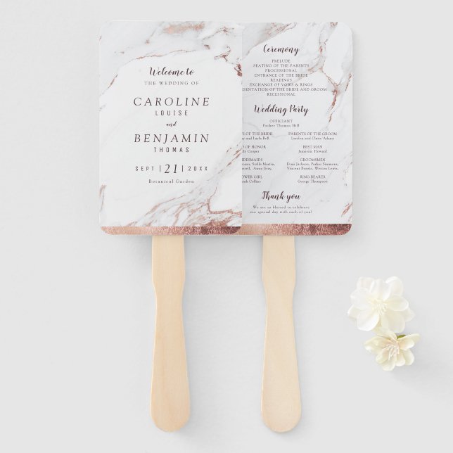 Abanico Rosa de mármol dorado de lujo programa de boda mod (Anverso y reverso)