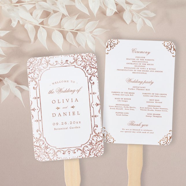 Abanico Rosa de oro elegante ornamentado programa de bodas (Rose gold elegant ornate vintage wedding program hand fan)