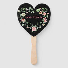 Abanico Rosa floral rosa romántico Boda cardíaco |Negro