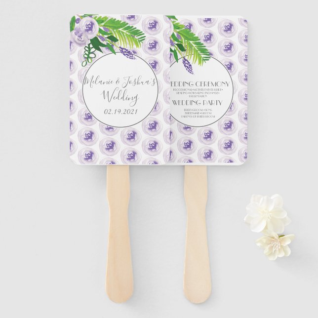 Abanico Rosa Redonda de Boda Floral Púrpura Acuarela (Anverso y reverso)