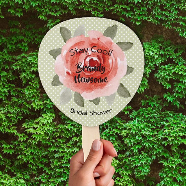 Abanico Rosa roja sobre los puntos de polka derby ducha de (Red Rose on Polka Dots Derby Bridal Shower Hand Fans)