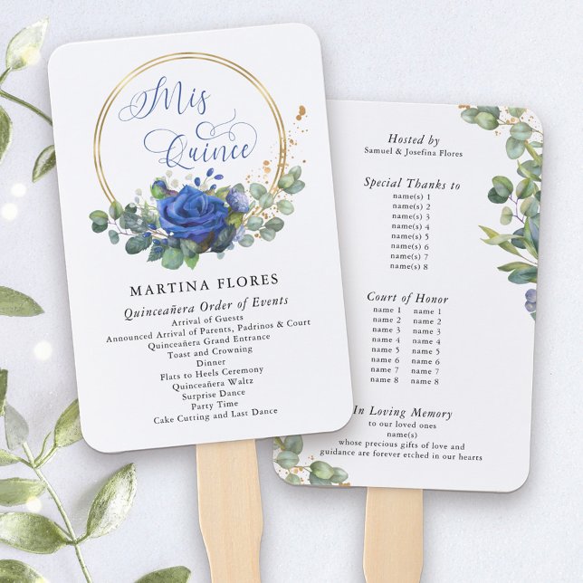Abanico Rosas azules y orden de eventos eucaliptos (Mis Quince Programs, printed on hand fans. Add any info you wish such as order of events, VIP names)