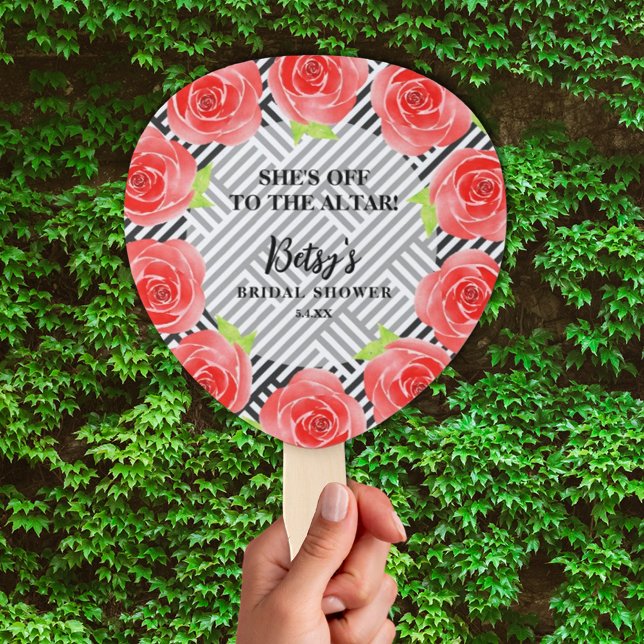 Abanico Rosas de acuarela Rayas negras Derby Bridal Shower (Watercolor Roses Black Stripes Derby Bridal Shower Hand Fans)