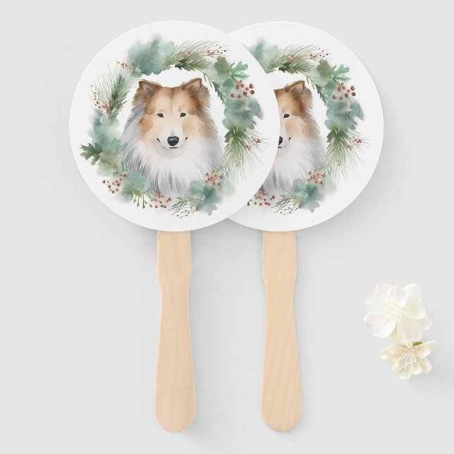 Abanico Rough Collie Navidades Wreath Festive Pup (Anverso y reverso)