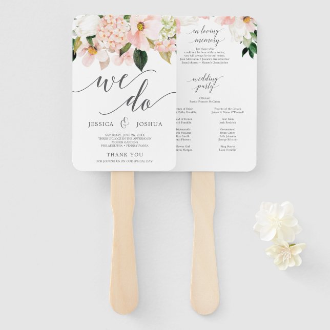 Abanico Rubor Hydrangea Wedding Program Fan Love Memory (Anverso y reverso)