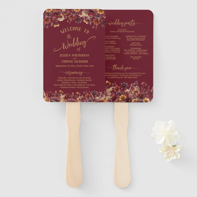 Abanico Rustic Burgundy Boho Wildflowers Wedding Program (Anverso y reverso)