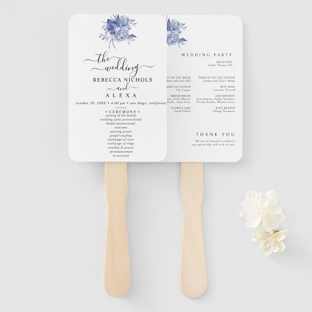 Abanico rustic dusty blue roses and other flowers (Anverso y reverso)