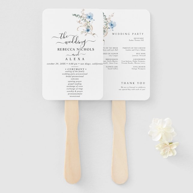 Abanico rustic dusty Blue watercolor flower bouquet (Anverso y reverso)