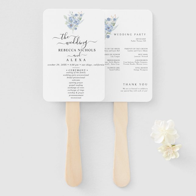 Abanico rustic dusty blue watercolor flowers & leaves (Anverso y reverso)