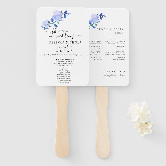 Abanico rustic dusty blue watercolor-style flower & leaves (Anverso y reverso)