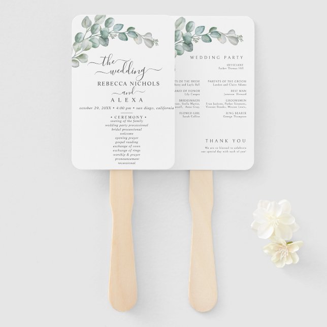 Abanico Rustic Watercolor Eucalyptus Greenery Wedding (Anverso y reverso)