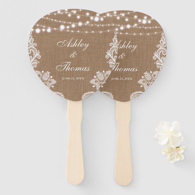 Abanico Rústico Boda Burlap String Luces Lace Paddle (Anverso y reverso)