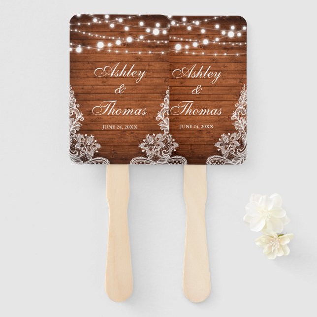 Abanico Rústico Boda Wood String Luces Lace (Anverso y reverso)