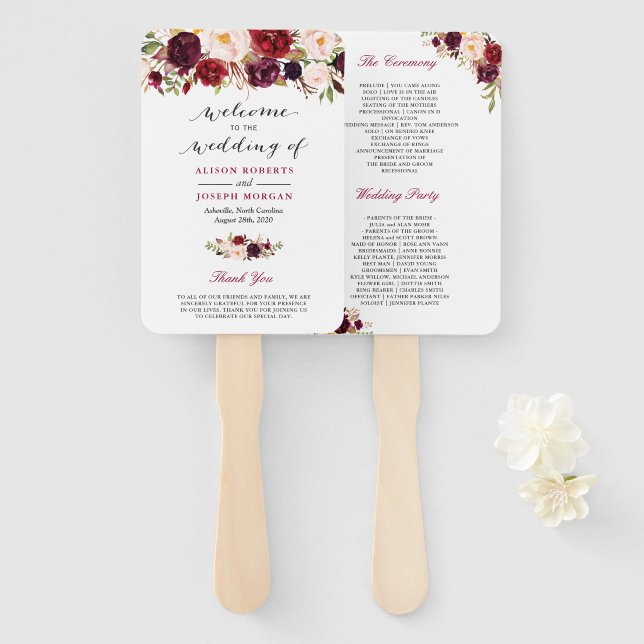 Abanico Rústico Programa de Bodas Clásicas Florales en Bor (Anverso y reverso)