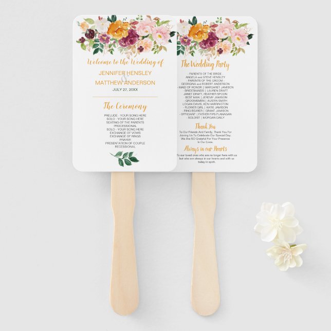 Abanico Saffron, Borgoña, Mauve, Boda Floral Rosa (Anverso y reverso)